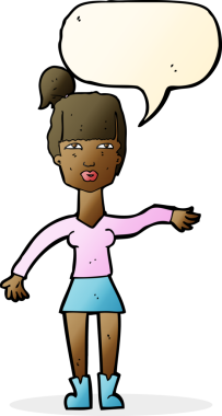 Bir insan tarafından çizilen düşünce baloncuğuyla kibirli bir jest yapan karikatür kadını.