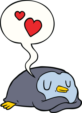 Bir insan tarafından çizilmiş, aşk dolu, konuşma balonlu bir penguen.