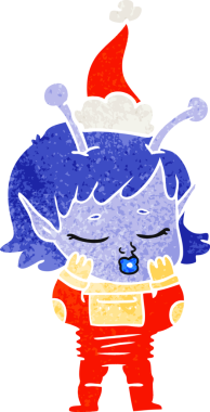 Bir insan tarafından çizilmiş Noel Baba şapkası giyen uzaylı bir kızın el çizimi karikatürü.