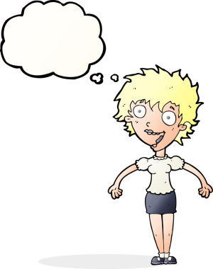 Bir insan tarafından çizilmiş düşünce baloncuğu olan heyecanlı bir kadın.