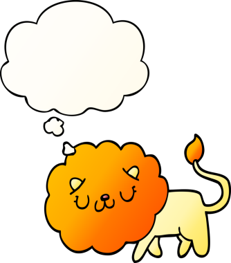 Bir insan tarafından çizilmiş yumuşak eğimli düşünce baloncuklu çizgi film aslanı.