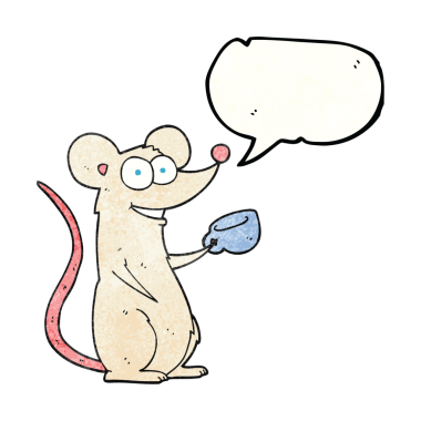 Serbest konuşma baloncuğu desenli çizgi film faresi bir insan tarafından çizilmiş bir fincan çayla