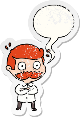 Çizgi filmdeki bıyıklı adam konuşma baloncuğuyla şok oldu. Bir insan tarafından çizilmiş sıkıntılı eski bir çıkartma.