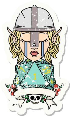 Ağlayan bir elf savaşçısı karakterinin grunge çıkartması. Doğal bir insan tarafından çizilmiş bir D20 ruloyla.