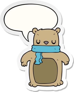 Bir insan tarafından çizilmiş balon çıkartmalı eşarplı çizgi film ayısı.