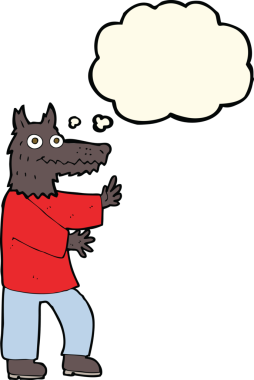 Bir insan tarafından çizilmiş düşünce balonu olan komik bir kurt adam.