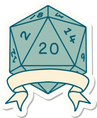 Bir insan tarafından çizilmiş 20 kritik vuruşluk D20 zar etiketi.