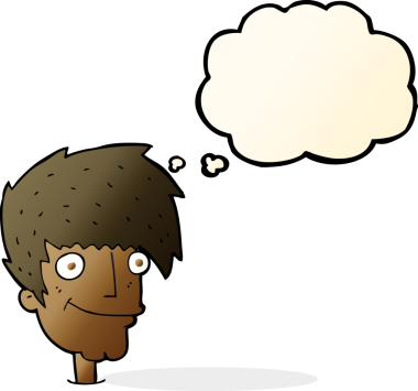 Bir insan tarafından çizilmiş düşünce balonlu gülümseyen adam.