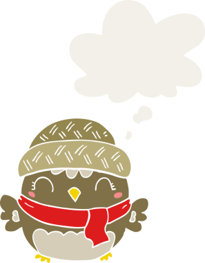 Şapkalı şirin bir baykuş. Düşünce baloncuğu insan tarafından çizilmiş.