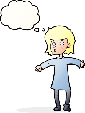 Bir insan tarafından çizilmiş düşünce kabarcığı olan karikatürlü sinirli kadın.