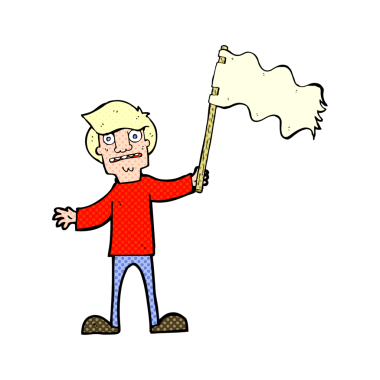 Bir insan tarafından çizilmiş beyaz bayrak sallayan çizgi film adamı.