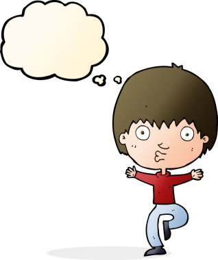 Bir insan tarafından çizilmiş düşünce baloncuğu olan heyecanlı çocuk.