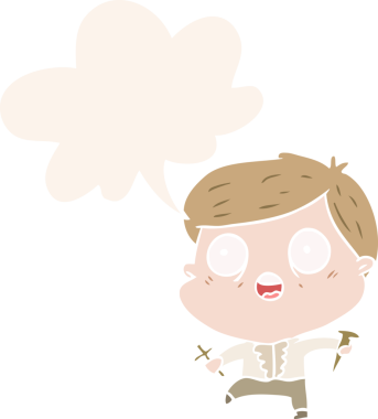 Çizgi filmdeki korkmuş adam cadılar bayramı vampirlerini insan tarafından çizilmiş eski tarz konuşma balonuyla avlıyor.