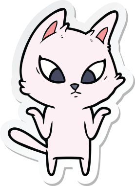 Kafası karışmış çizgi film kedisinin çıkartması bir insan tarafından çizilmiş omuz silkiyor.