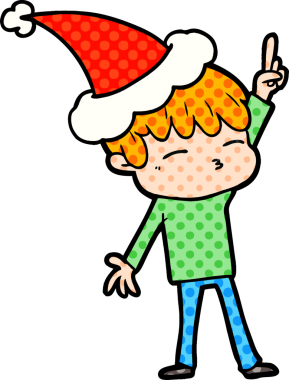 Bir insan tarafından çizilmiş Noel Baba şapkası giyen meraklı bir çocuğun el çizimi çizgi roman çizimi.