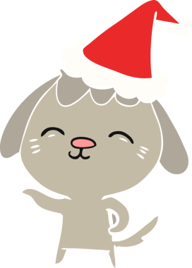 Bir insan tarafından çizilmiş Noel Baba şapkası takan bir köpeğin düz renkli çizimi.