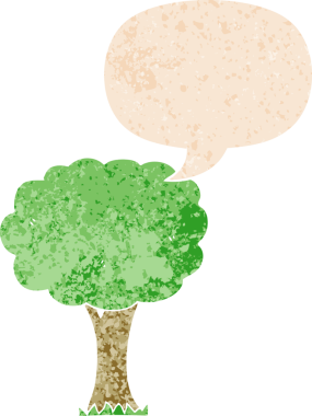 grunge 'da konuşma baloncuğu olan karikatür ağacı bir insan tarafından çizilmiş gerilimli retro desenli