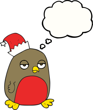 Bir insan tarafından çizilmiş Noel şapkası takan serbest çizim baloncuk karikatür robin.