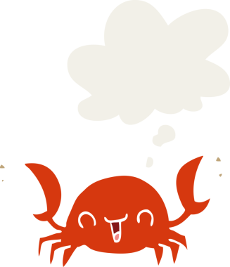 Düşünce baloncuklu karikatür yengeci insan tarafından çizilmiş.