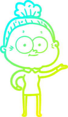 Bir insan tarafından çizilmiş, mutlu, yaşlı bir kadının çizimi.