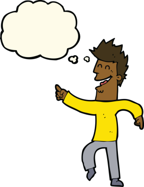 Çizgi filmci bir insan tarafından çizilmiş düşünce balonuyla gülüyor ve işaret ediyor.