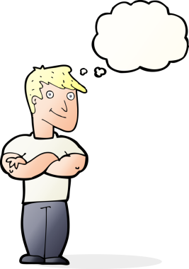 Bir insan tarafından çizilmiş düşünce balonlu kaslı bir adam.