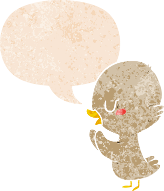 Bir insan tarafından çizilmiş grunge kederli retro stil konuşma baloncuğu ile ördek yavrusu çizgi film