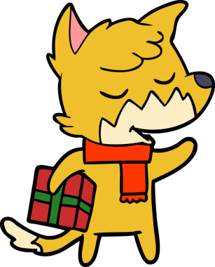 Bir insan tarafından çizilmiş Noel hediyesi olan dost canlısı çizgi film tilkisi.