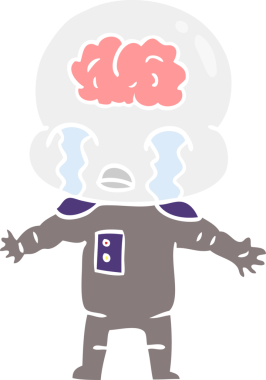 Düz renkli çizgi film. Bir insan tarafından çizilmiş büyük beyinli uzaylı ağlaması.