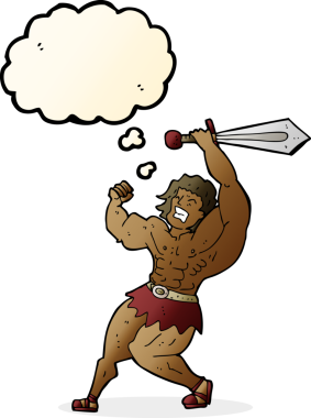 Bir insan tarafından çizilmiş düşünce balonlu barbar kahraman.