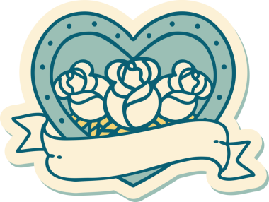 Geleneksel kalp stili dövme çıkartması ve bir insan tarafından çizilmiş çiçekli pankart.