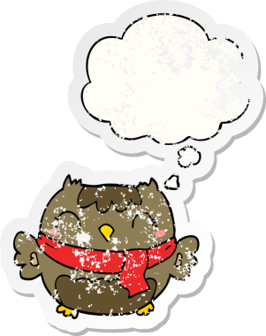 Düşünce baloncuğu olan sevimli çizgi film baykuşu bir insan tarafından çizilmiş yıpranmış bir çıkartma.