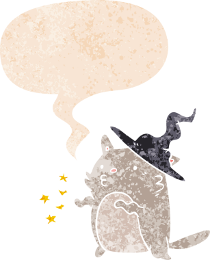 Grunge 'da konuşma baloncuğu olan çizgi film kedi sihirbazı bir insan tarafından çizilmiş tedirgin geçmiş dokuma tarzı