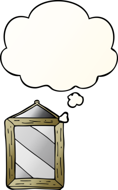 Düşünce baloncuklu karikatür aynası bir insan tarafından çizilmiş düzgün eğimli bir şekilde.