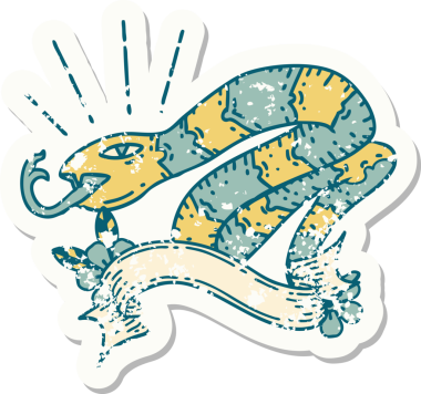 Bir insan tarafından çizilmiş eski bir dövme stili tıslayan yılan etiketi.