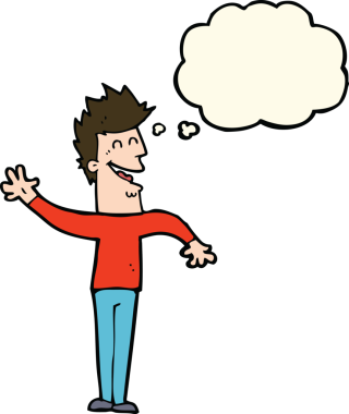 Bir insan tarafından çizilmiş düşünce baloncuğuyla el sallayan mutlu bir adam.