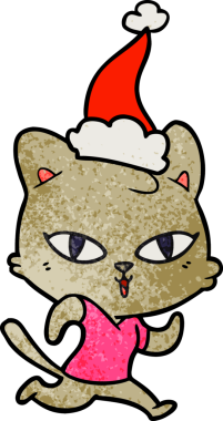 Bir insan tarafından çizilmiş Noel Baba şapkası takan bir kedinin el çizimi çizgi filmi.