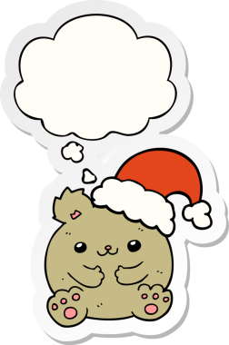 Bir insan tarafından çizilmiş bir çıkartma gibi düşünce baloncuğu olan şirin bir çizgi film Noel ayısı.