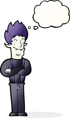 Bir insan tarafından çizilmiş düşünce balonlu mutlu vampir adam çizgi filmi.