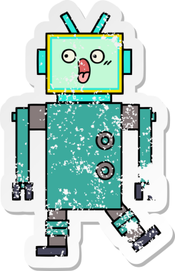 Bir insan tarafından çizilmiş sevimli bir robot çizgi film çıkartması.