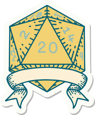 Bir insan tarafından çizilmiş 20 kritik vuruşluk D20 zar etiketi.