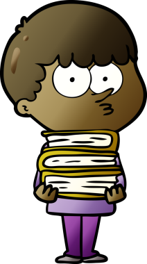 Bir insan tarafından çizilmiş bir sürü kitabı olan meraklı bir çocuk.