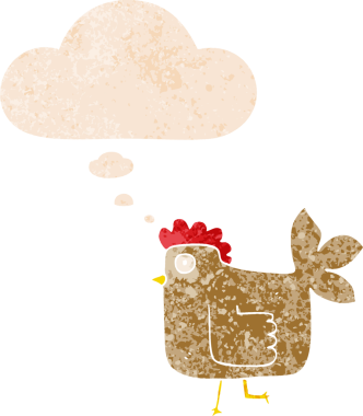 Düşünce baloncuklu çizgi film tavuğu grunge dertli eski moda bir insan tarafından çizilmiş.