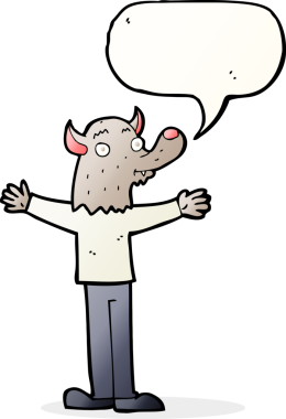 Bir insan tarafından çizilmiş konuşma balonu olan çizgi film dostu kurt adam.