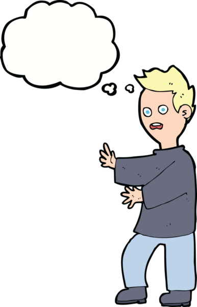 Bir insan tarafından çizilen düşünce baloncuğuyla şok olmuş bir adam.