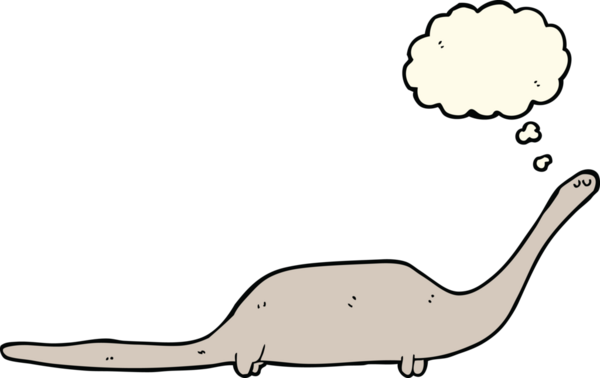 Bir insan tarafından çizilmiş düşünce baloncuklu bir dinozor.