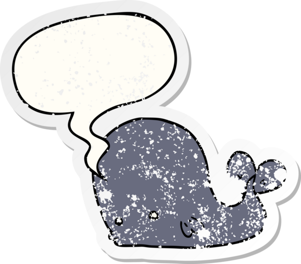 Konuşma baloncuğu olan karikatür balinası bir insan tarafından çizilmiş sıkıntılı eski bir çıkartma