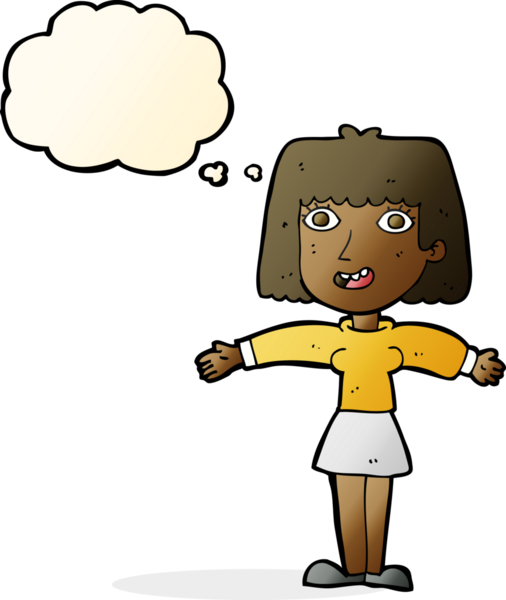 Bir insan tarafından çizilmiş düşünce baloncuğu olan heyecanlı bir kadın.