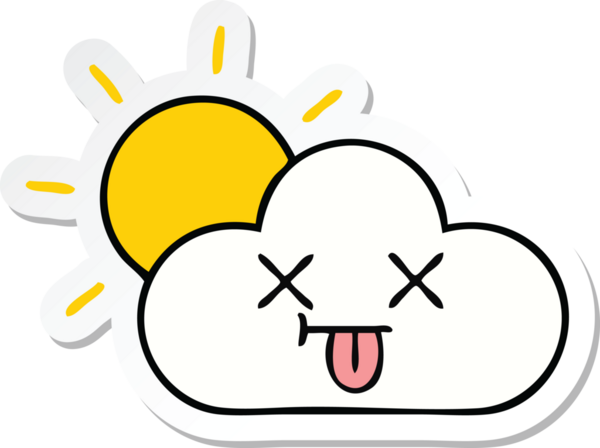 Bir insan tarafından çizilmiş şirin bir karikatür güneş ışığı ve bulut çıkartması.