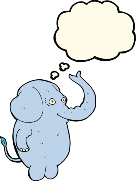 Bir insan tarafından çizilmiş düşünce baloncuklu komik bir fil.